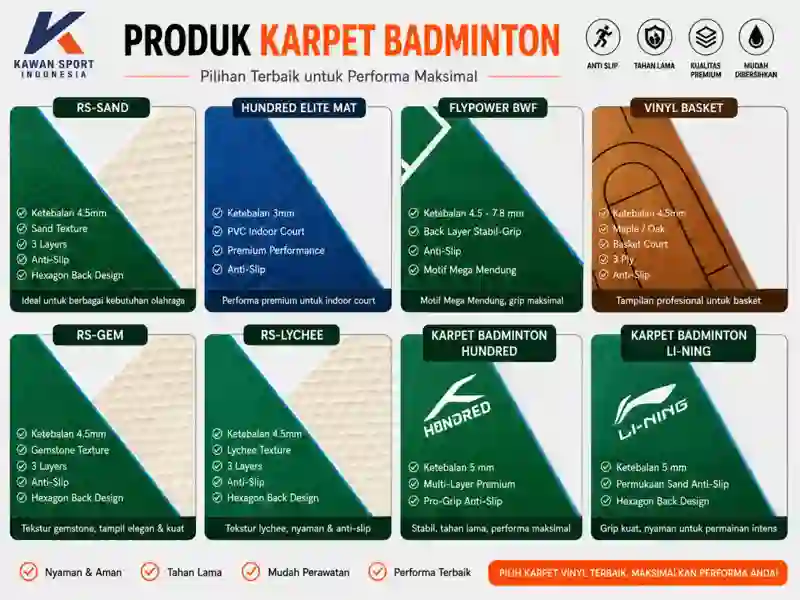 Katalog karpet vinyl lapangan olahraga untuk badminton basket dan pickleball